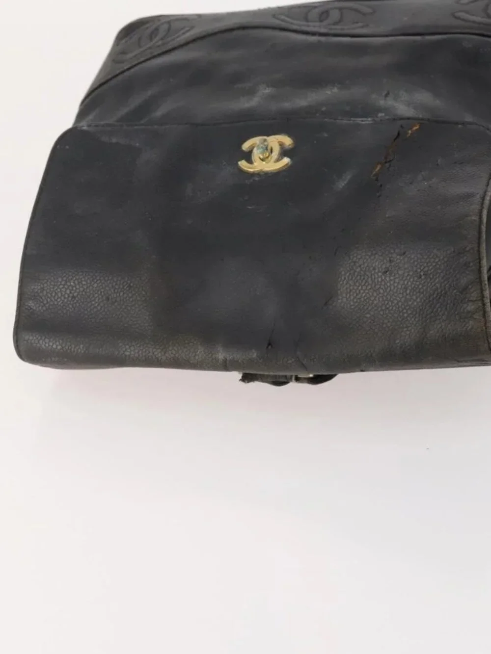 CHANEL Backpack Grained Calf Skin Black Silver CC Auth BA12657